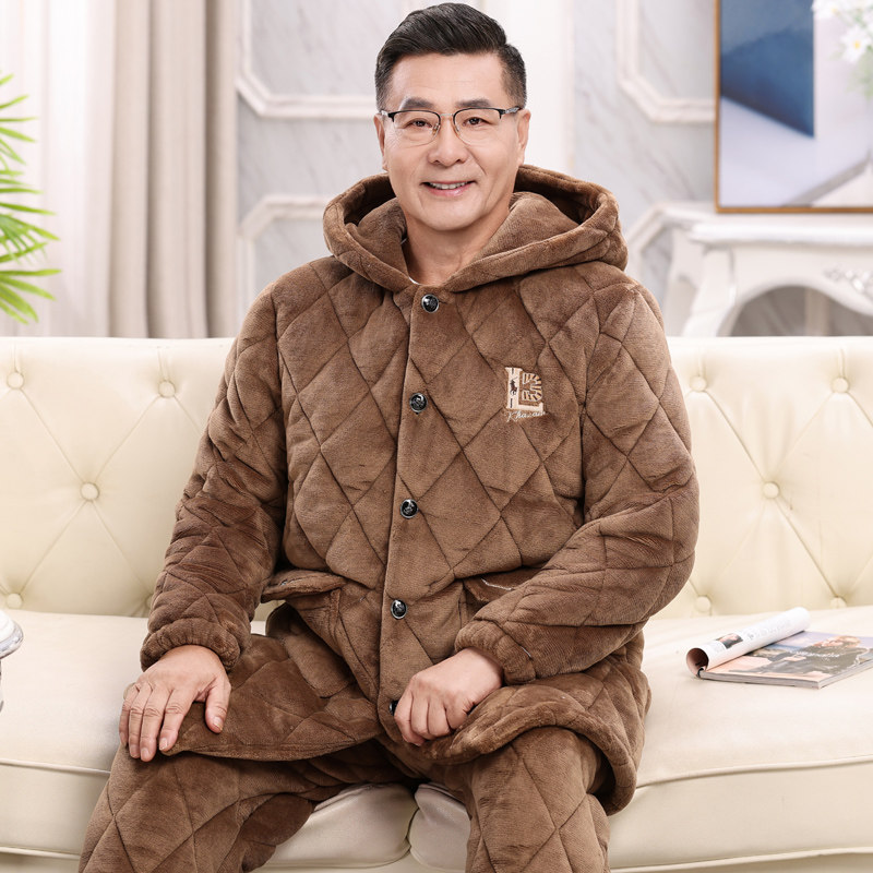 加长款连帽睡衣男士秋冬季三层加厚加绒珊瑚绒夹棉中老年保暖爸爸