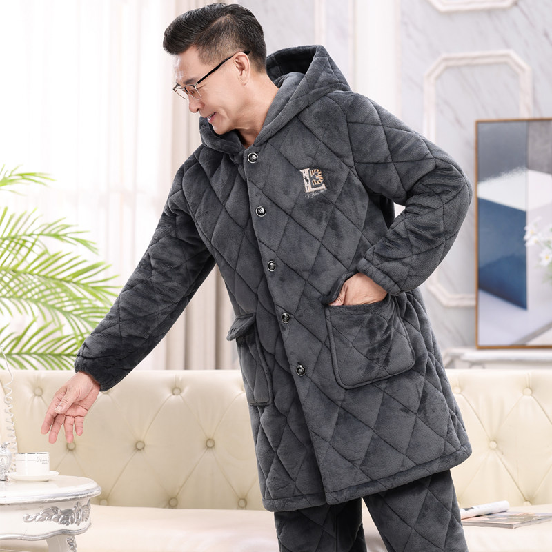 加长连帽睡衣男士秋冬季加厚加绒珊瑚绒夹棉中老年保暖爸爸家居服
