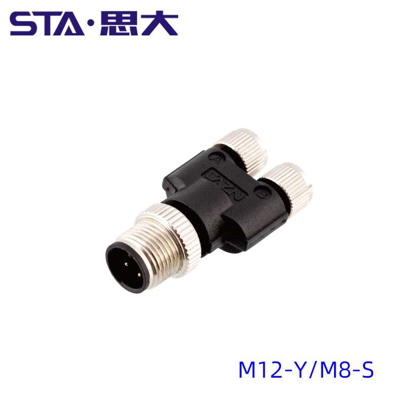 M12 T型航空插头3 4 5 8芯带线公头+母头分接头 Y型防水连接器