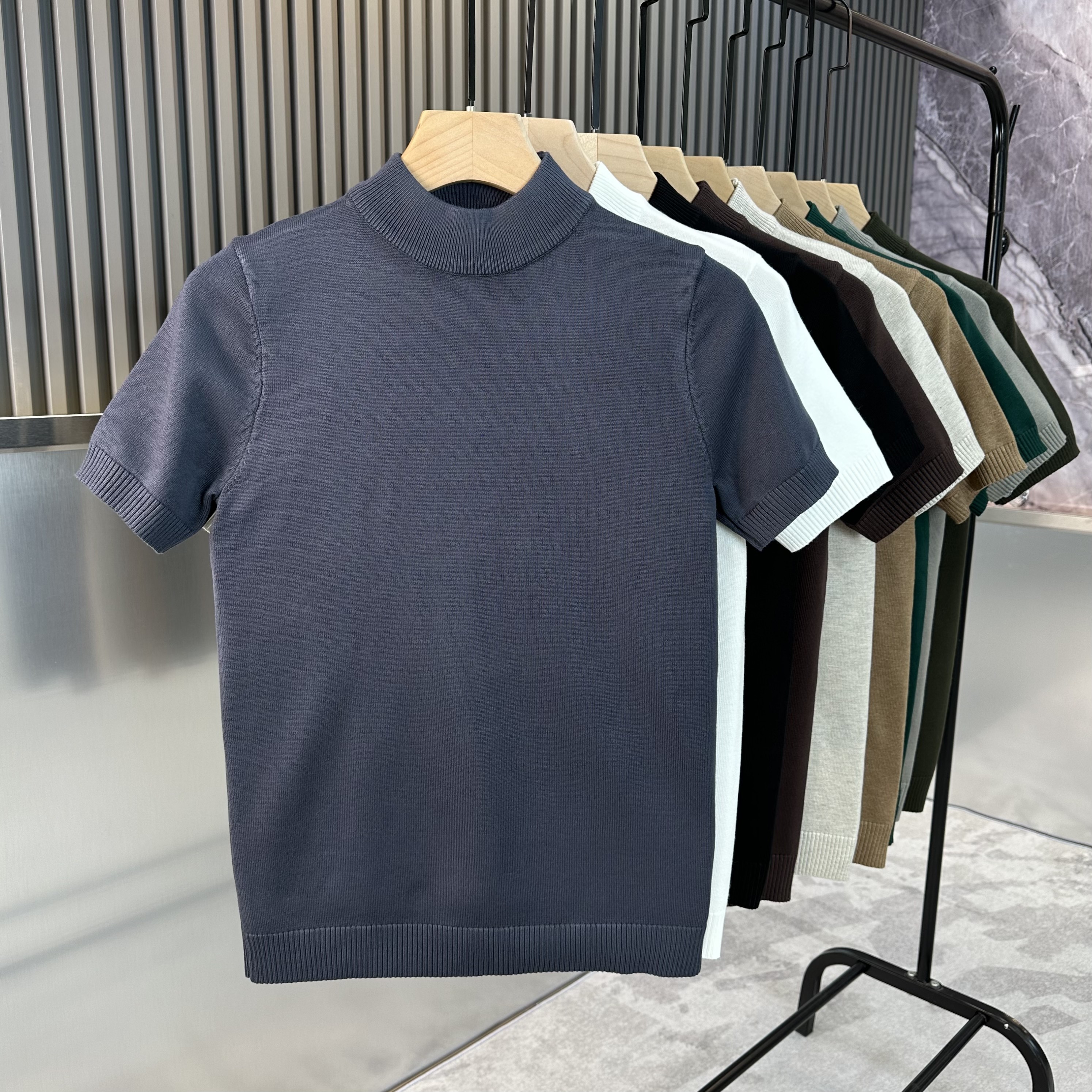 男士秋冬半高领针织衫百搭纯色修身毛衣弹力高级短袖针织男打底衫