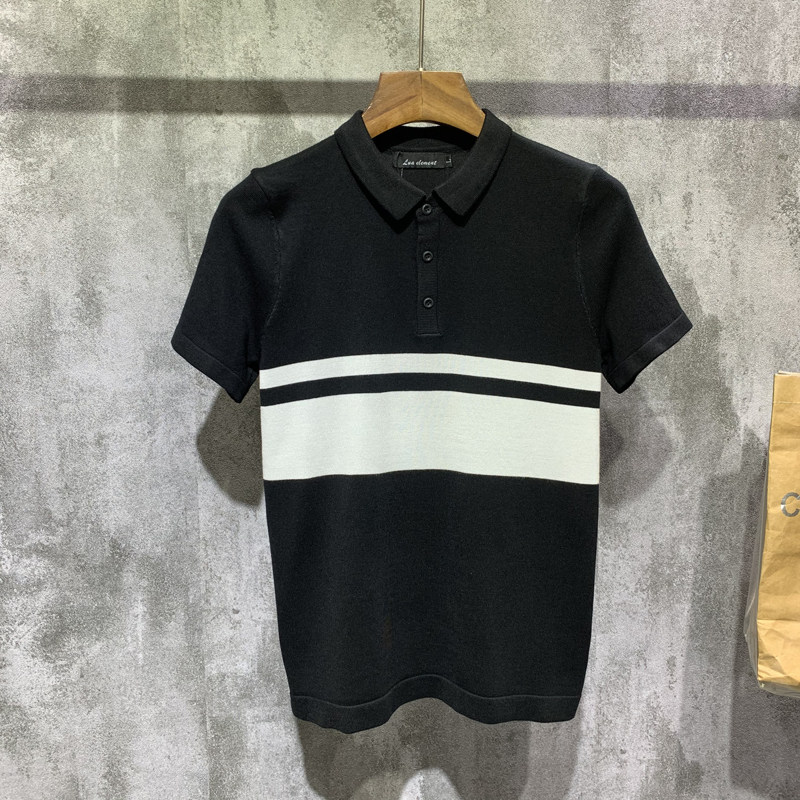 夏季高级感条纹冰丝针织短袖POLO衫男士潮流韩版修身青年凉感男装