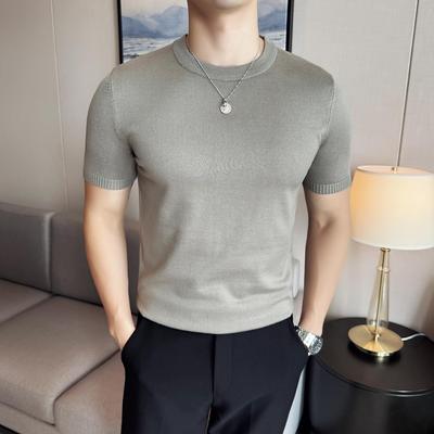 短袖毛衣男针织衫春秋新款潮流修身内搭打底线衣圆领纯色半袖t恤