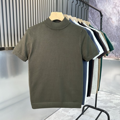 秋季男士半高领针织短袖韩版修身纯色半袖T恤紧身中领打底衫线衫