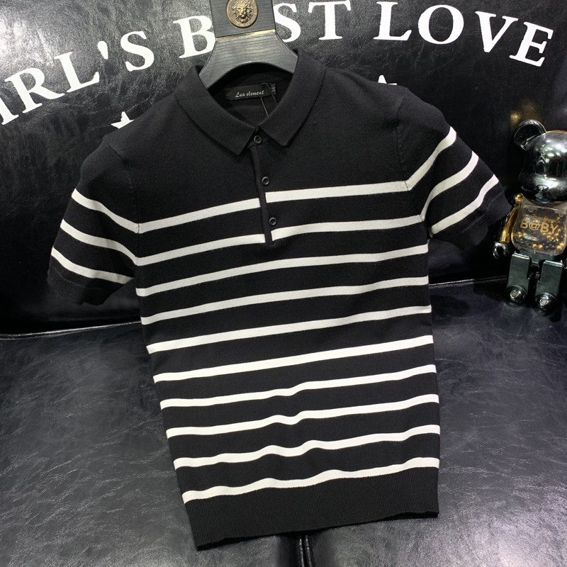 MEEI & SHU 冰丝薄款男士短袖POLO衫条纹针织衫男生半袖夏季新款
