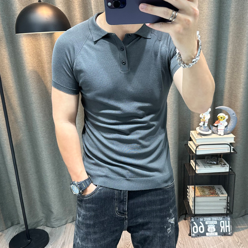 纯色翻领针织衫男士2023夏季新款有领半袖修身体恤衫男装冰丝上衣