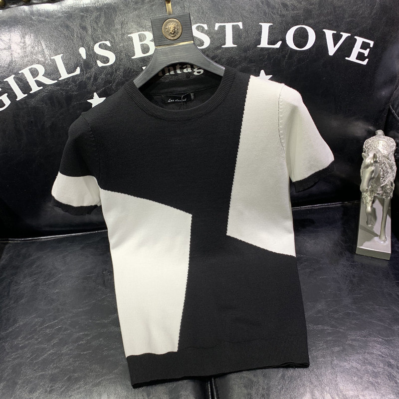 国风青年针织衫T恤男士薄款圆领冰丝短袖格子撞色潮牌毛衣半截袖