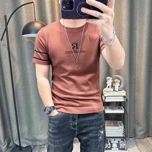 短袖毛衣男士2024春秋新款修身半袖针织衫圆领体恤衫毛衫内搭