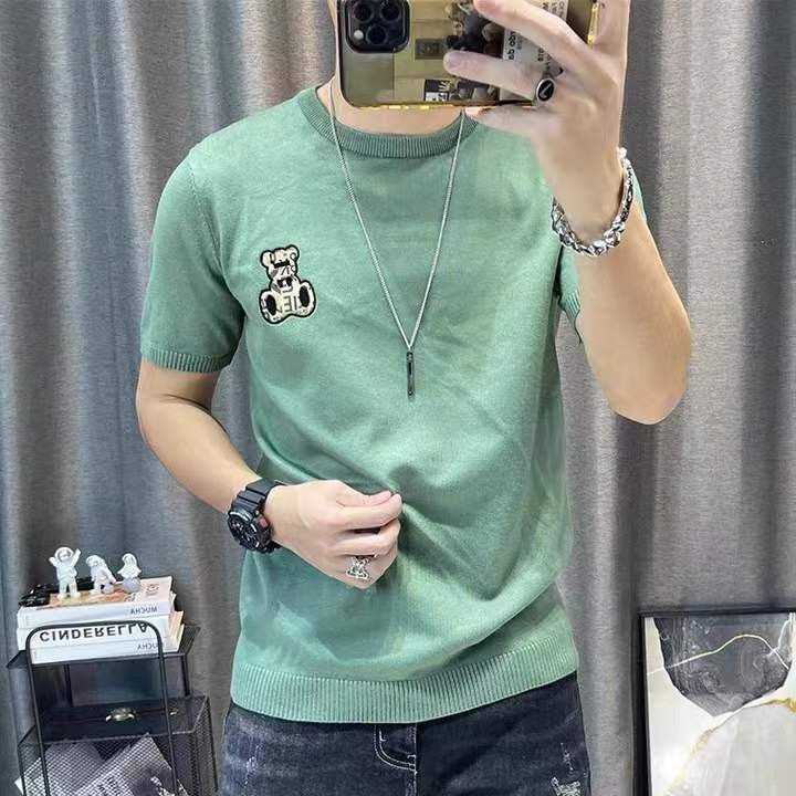 2022秋冬新款男士短袖毛衣个性小熊印花半袖针织衫韩版修身打底衫