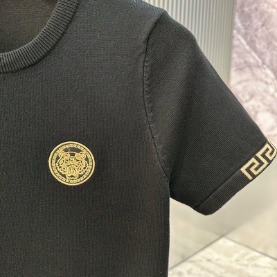 型秋冬季圆领针织短袖毛衣男潮牌内搭打底衫男士黑色半袖毛衣