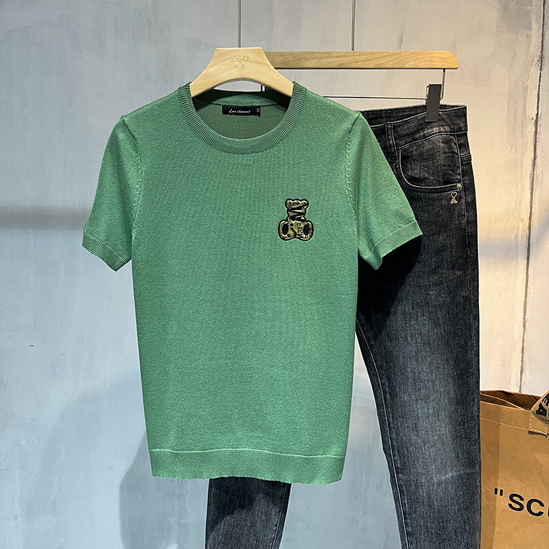 秋冬季圆领小熊印花半袖针织衫短袖毛衣男装打底衫休闲初秋上衣潮