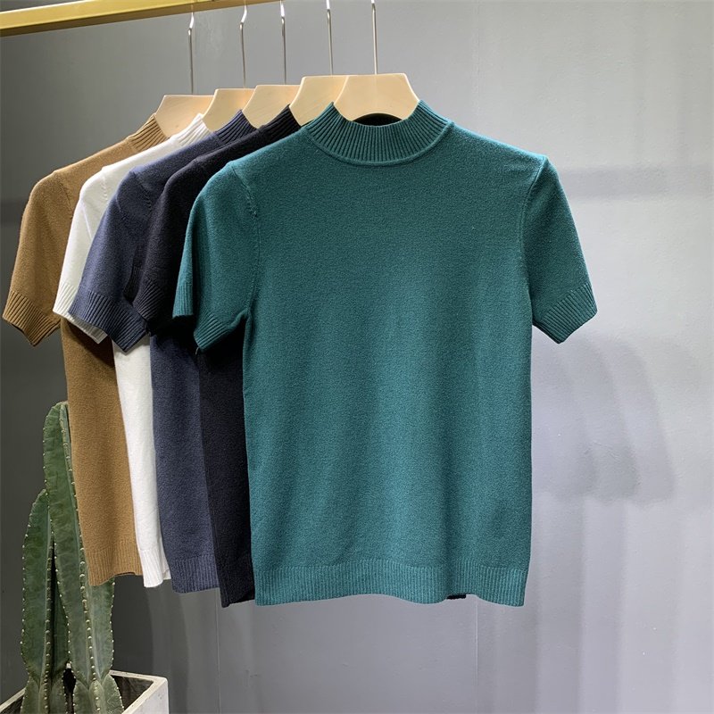 秋季半截袖男半高领短袖毛衣纯色百搭大码紧身时尚净版针织衫半袖