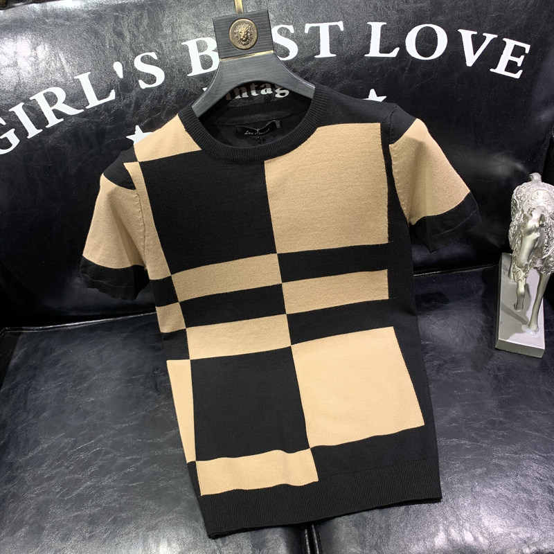 潮牌男士圆领短袖T恤针织衫格子撞色韩版休闲青年套头薄冰丝半袖