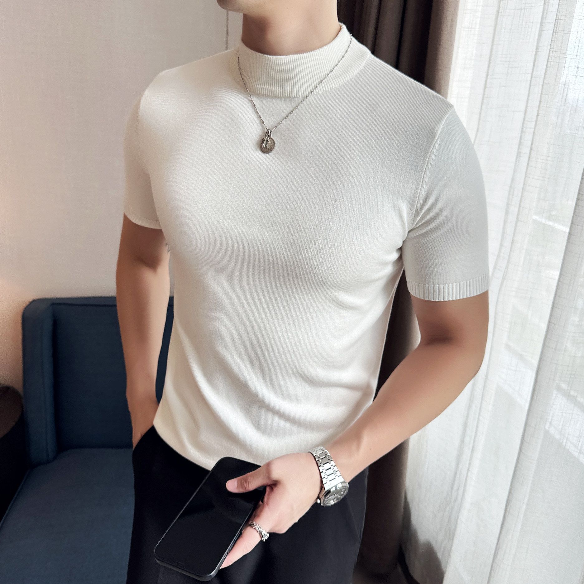 男士毛衣半高领秋冬内搭短袖针织衫男紧身中领纯色线衣修身打底衫