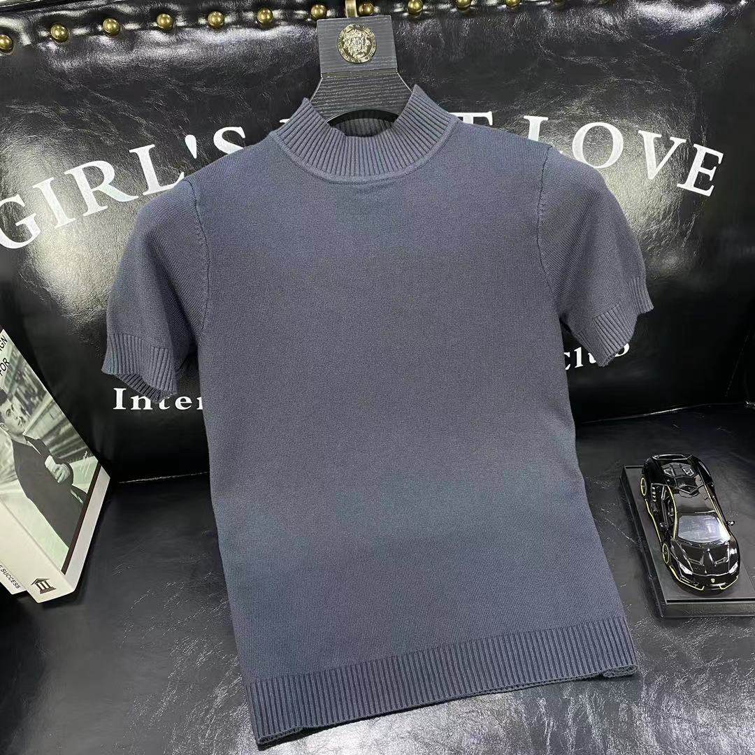 秋冬男士纯色短袖毛衣半高领领多色潮流针织衫半袖修身时尚打底衫