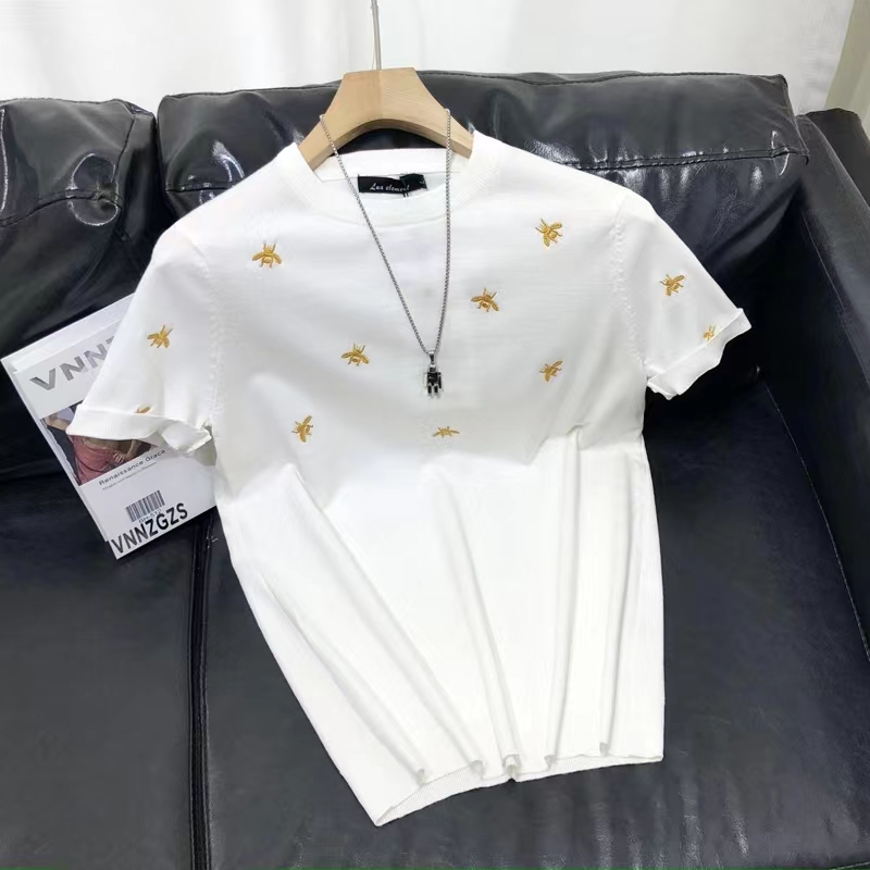 秋冬新品短袖毛衣男半袖针织衫圆领小蜜蜂刺绣修身打底衫青年上衣