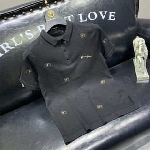 男士翻领刺绣短袖毛衣秋季时尚修身大码潮流针织半袖POLO衫休闲帅