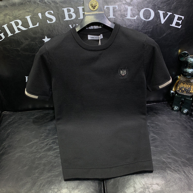 2022轻奢时尚圆领男士秋冬季针织衫短袖毛衣字母刺绣百搭半袖潮牌