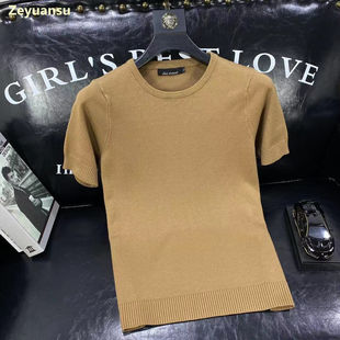 2024秋冬短袖针织打底衫男圆领纯色韩版修身男士半袖加厚圆领毛衣