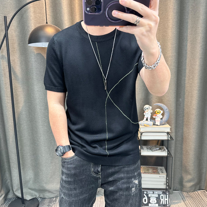 半袖针织衫男士2024春秋新款薄款男装体恤衫修身毛衣体恤衫上衣潮