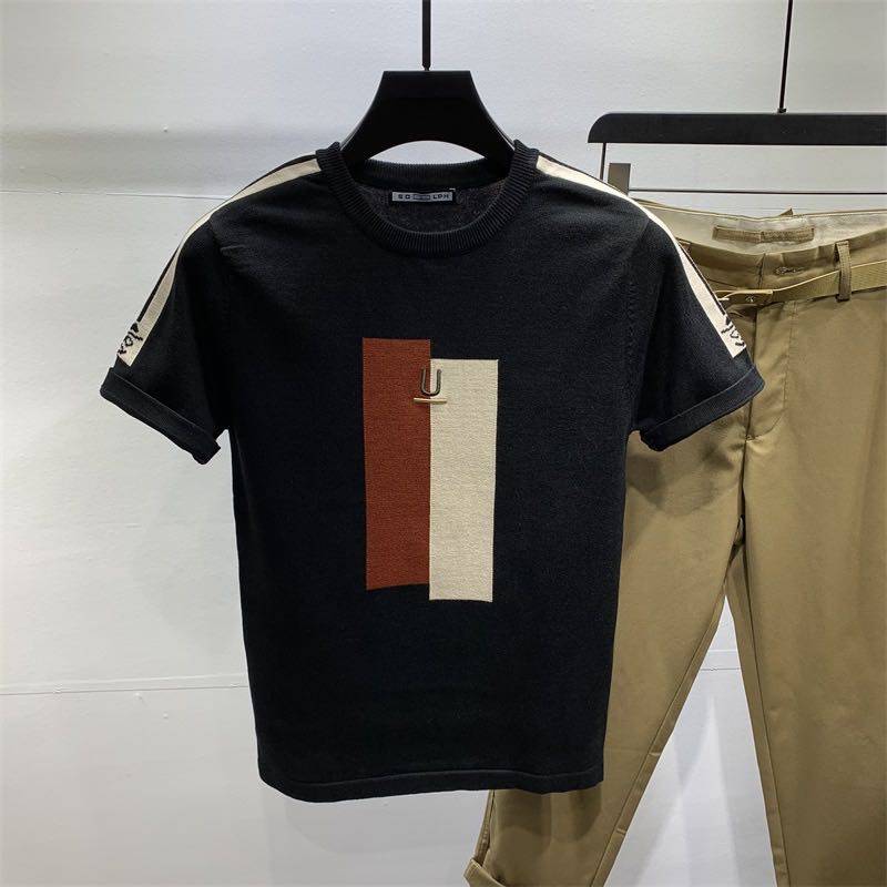 男拼色针织衫半袖毛衣春秋季百搭短袖冬季厚款潮流男装针织半截袖
