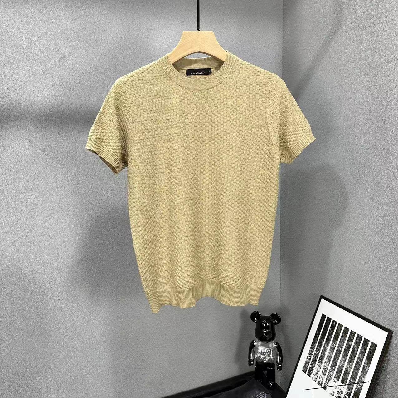 2023年型男格子薄款针织T恤衫简约气质净版提花上衣修身圆领短袖