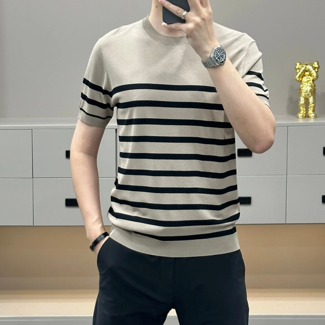 男装轻薄条纹针织短袖2025春夏新款男士透气网红休闲T恤