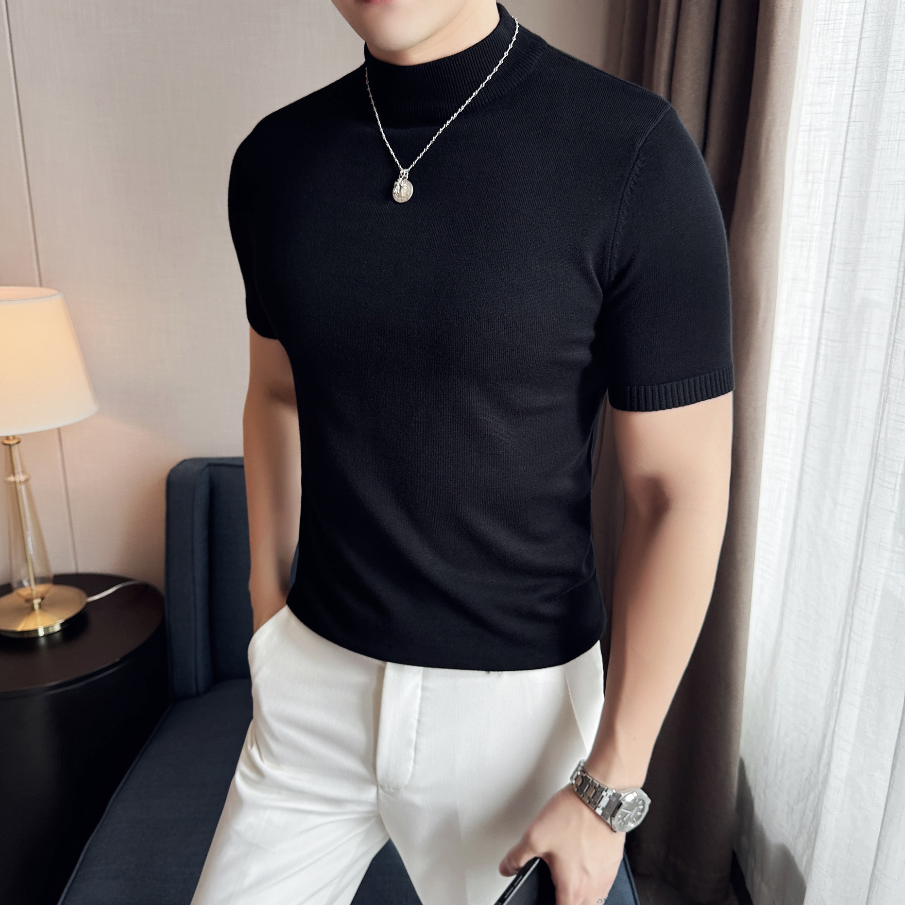 男士毛衣半高领春秋新款短袖针织衫男紧身中领纯色线衣修身打底衫