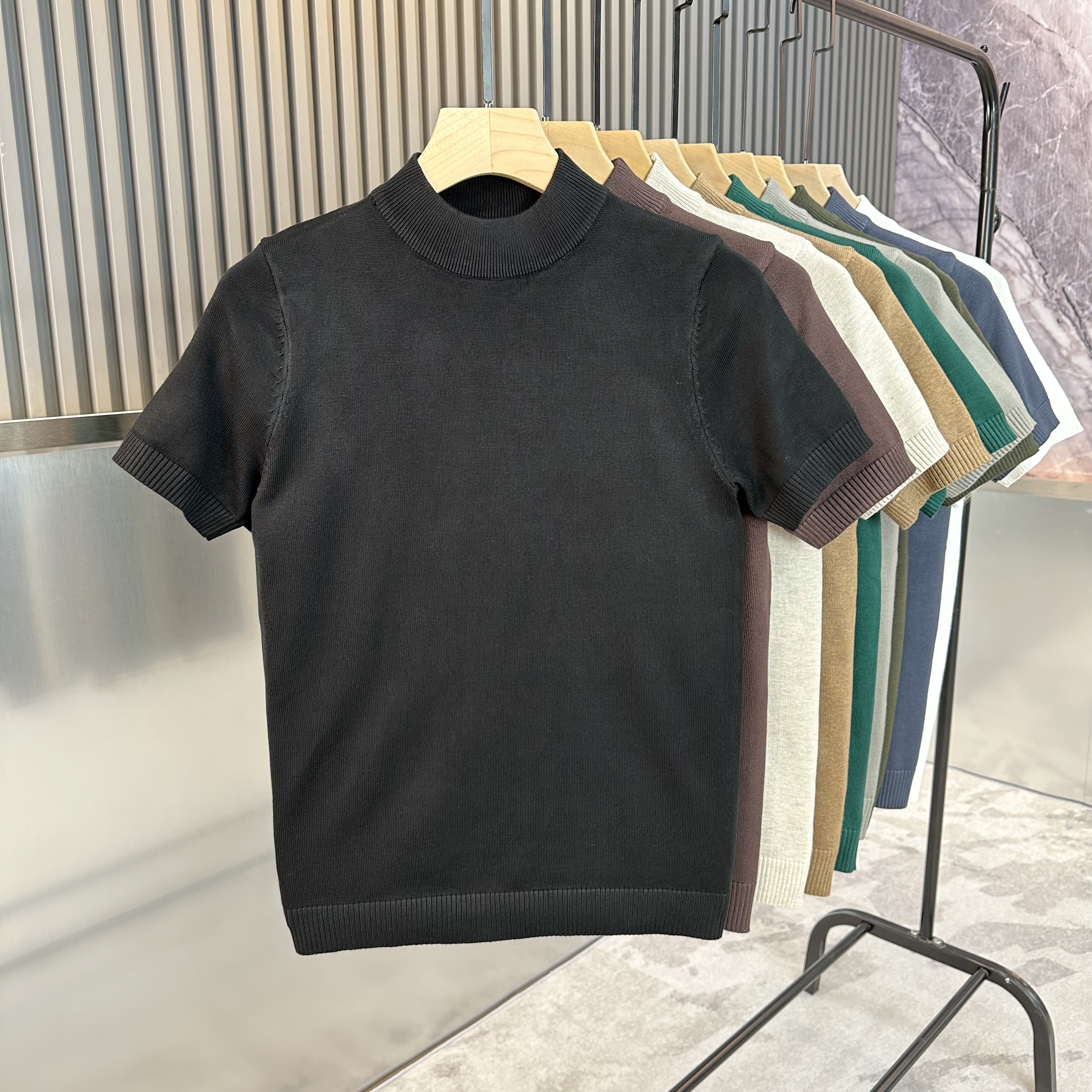 秋季男士半高领针织短袖韩版修身纯色半袖T恤紧身中领打底衫线衫