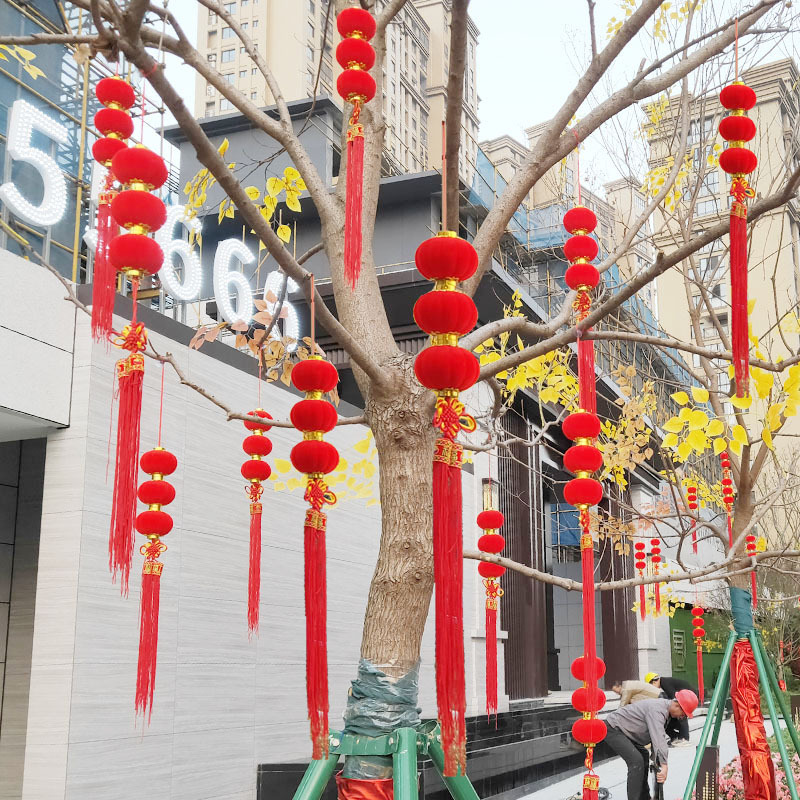 小红灯笼串装饰植绒连串灯笼国庆