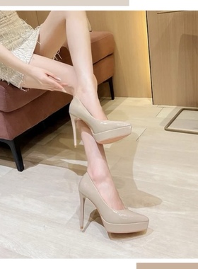 2024年秋季新款12CM尖头漆皮防水台细跟高跟鞋职业鞋单鞋女