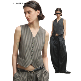 NUMBER HERE 金属纱线色织条纹时髦感短款时尚复古西服式马甲