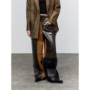 NUMBER HERE 小众pu皮撞色拼接高腰设计不对称解构口袋休闲长裤