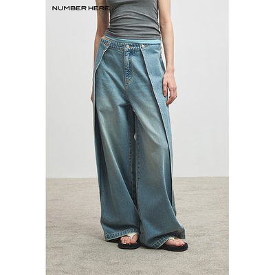 NUMBERHERE 复古蓝水洗隐藏式口袋活页两穿式阔腿牛仔裤