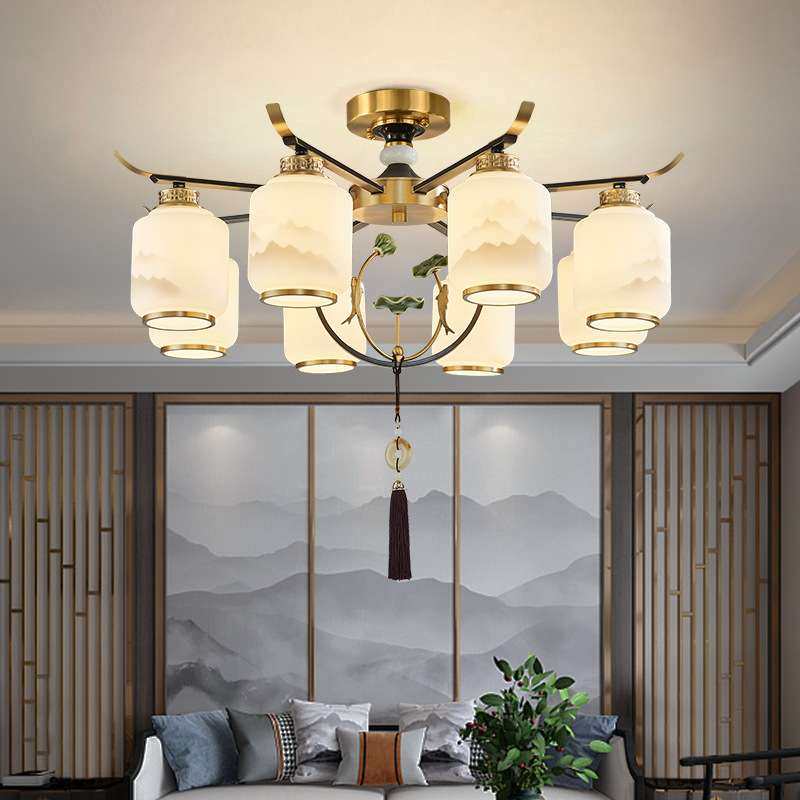 全铜新中式客厅吊灯中国风山水餐厅卧室书房轻奢大气吸吊两用灯具