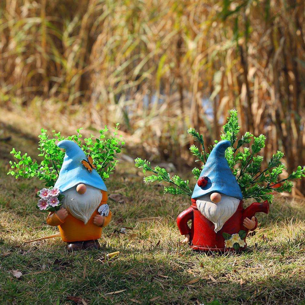 跨境新款地精侏儒花盆家居庭院户外花瓶装饰卡通小矮人树脂工艺品