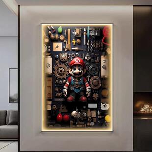 超级玛丽玄关装饰画带灯马里奥儿童房卧室挂画卡通高级感发光壁画