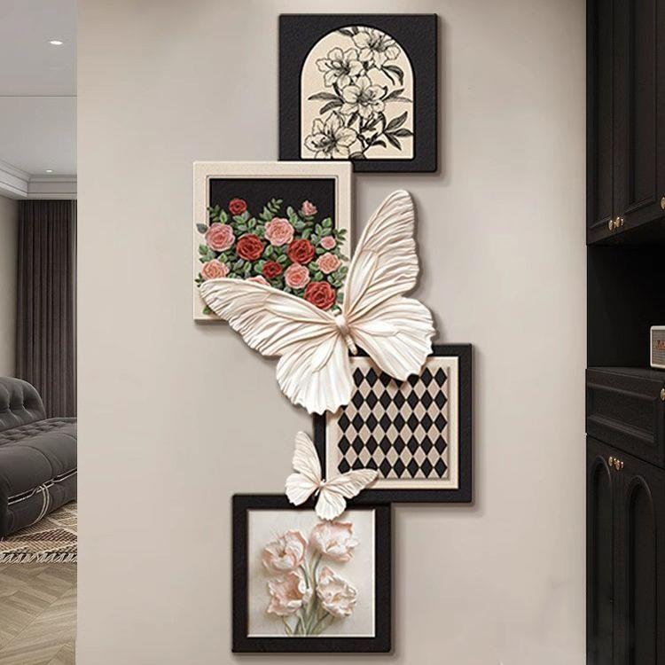 法式中古风入户玄关装饰画玫瑰蝴蝶壁灯客厅挂画复古走廊过道壁画