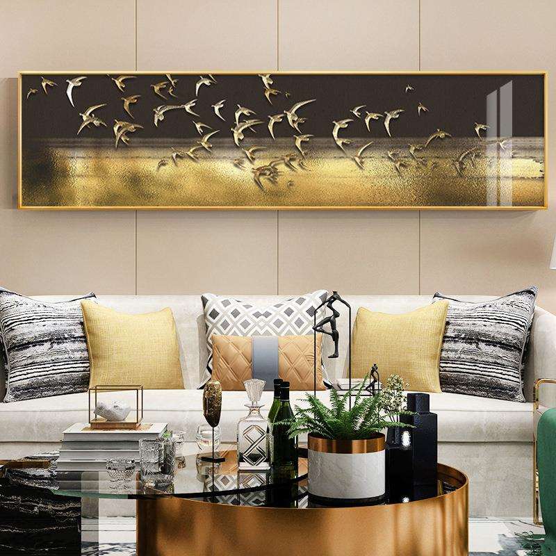 轻奢新中式客厅装饰画金色飞鸟抽象画 酒店样板间挂画 卧室床头画