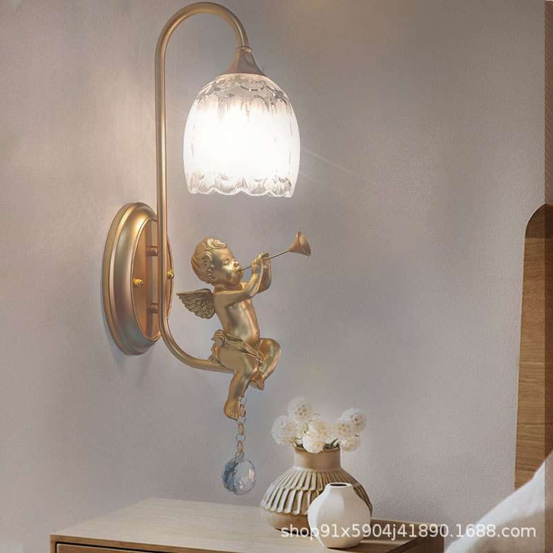 北欧小天使水晶壁灯床头暖光客厅卧室儿童房装饰卡通人物ledled灯