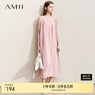 收腰绑带连衣裙 AMII 极简优雅 2025夏亚麻莱赛尔长款 挂脖无袖