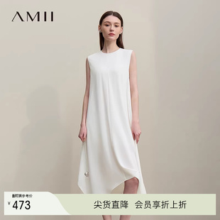 Amii2026夏新款 不规则收褶连衣裙女宽松小黑裙子 度假风圆领无袖