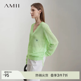 Amii2026春极简新款 女 休闲温柔风宽松V领挑孔针法微透毛针织衫