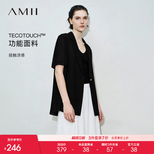 Amii2026夏新款翻驳领拼雪纺短袖开叉西装女一粒扣休闲西服上衣