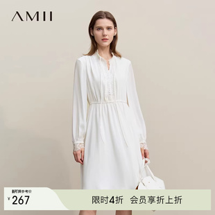 Amii2026春新款 风拼蕾丝绑带连衣裙女橡筋收腰雪纺裙 优雅浪漫法式