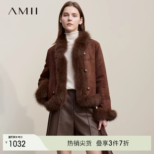 轻奢狐狸毛领高级麂皮绒保暖羽绒服外套女 25冬季 Amii 羽绒内胆