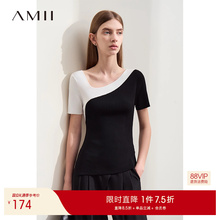 Amii2025夏新款不对称斜V领撞色拼接短袖毛针织衫女修身显瘦上衣