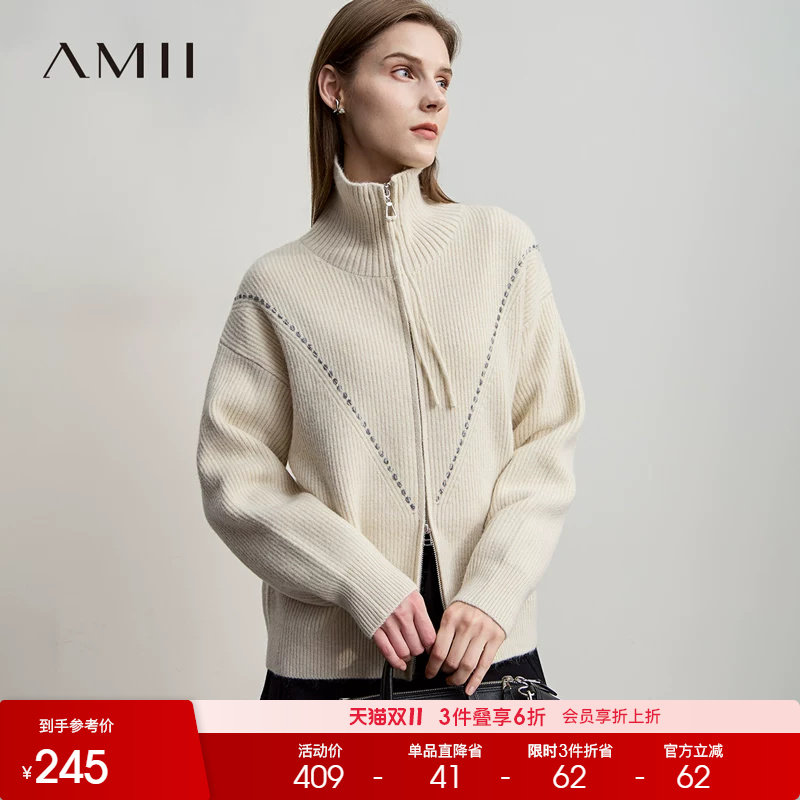 Amii【韩版休闲】韩版休闲双开拉链高领长袖针织外套秋冬外套毛衣