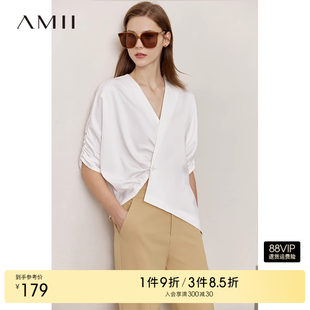 Amii2025夏极简新款 宽松缎面V领褶皱中袖 不对称设计弹力百搭衬衫