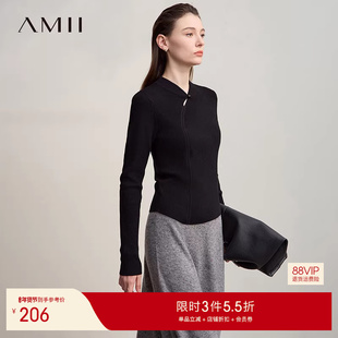 Amii2025秋新款极简新中式国风旗袍领修身弹力套头合肩长袖毛衣