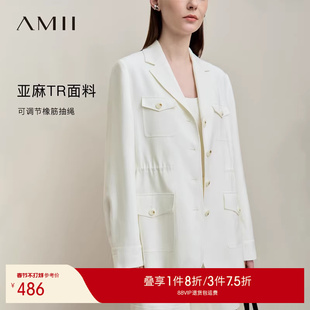 Amii2026春新款松弛气质西装领工装风亚麻外套女宽松开叉休闲上衣